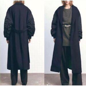 Zara Combination  Bomber Coat Belted Wool Long jacket Limited Edition Navy SZ XS